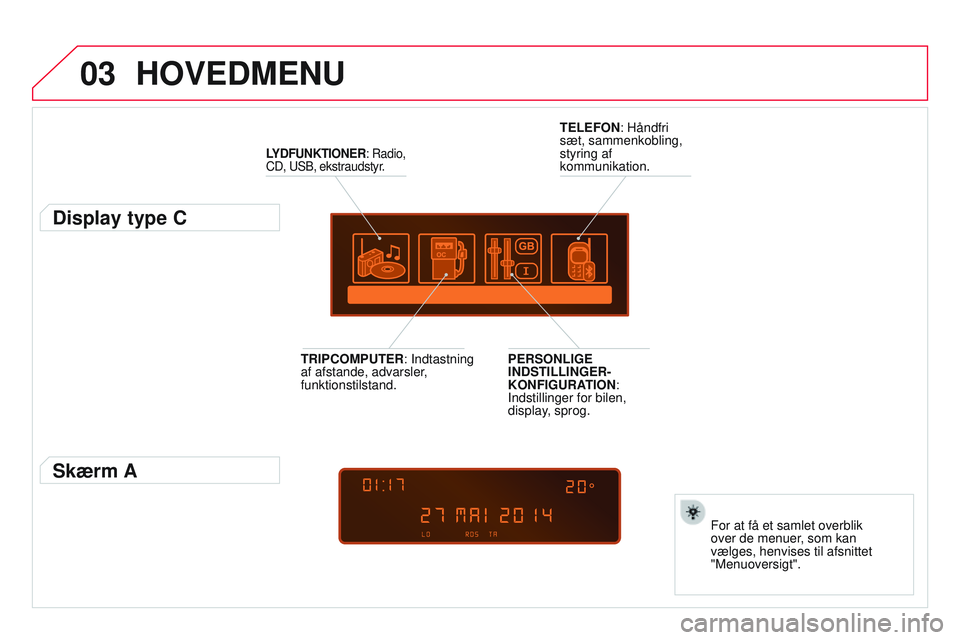 CITROEN DS3 CABRIO 2015 InstruktionsbØger (in Danish) 03
DS3_da_Chap13c_rD45_ed01_2014
HOVEDMENU
LYDFUNKTIONER: radio,
CD, u S b , ekstraudstyr.
Display type C
For at få et samlet overblik
over de menuer, som kan
vælges, henvises til afsnittet
CITROEN DS3 CABRIO 2015 InstruktionsbØger (in Danish) 03
DS3_da_Chap13c_rD45_ed01_2014
HOVEDMENU
LYDFUNKTIONER: radio,
CD, u S b , ekstraudstyr.
Display type C
For at få et samlet overblik
over de menuer, som kan
vælges, henvises til afsnittet