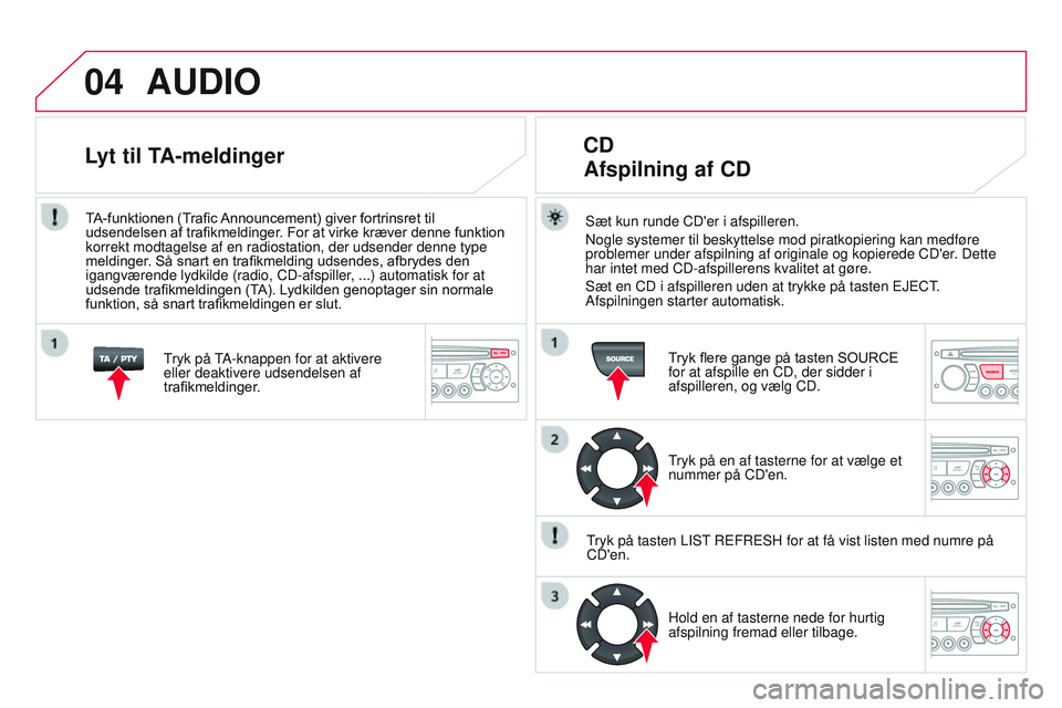 CITROEN DS3 CABRIO 2015  InstruktionsbØger (in Danish) 04
DS3_da_Chap13c_rD45_ed01_2014
AUDIO
Sæt kun runde CD'er i afspilleren.
n
ogle systemer til beskyttelse mod piratkopiering kan medføre 
problemer under afspilning af originale og kopierede CD&