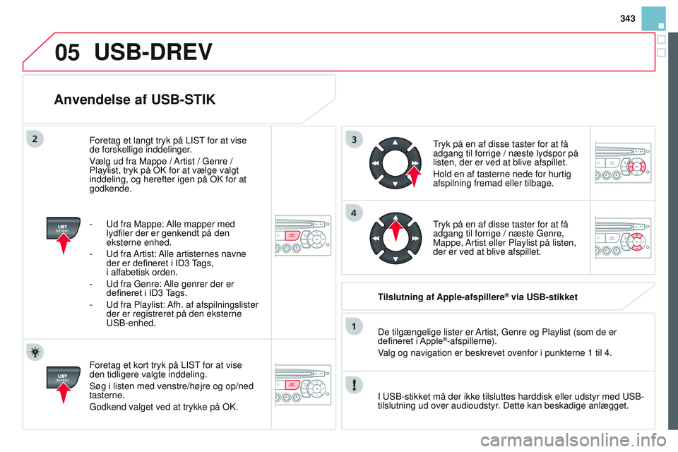 CITROEN DS3 CABRIO 2015  InstruktionsbØger (in Danish) 05
343
DS3_da_Chap13c_rD45_ed01_2014
Anvendelse af USB-STIK
Foretag et kort tryk på LISt for at vise 
den tidligere valgte inddeling.
Søg i listen med venstre/højre og op/ned 
tasterne.
g

odkend v