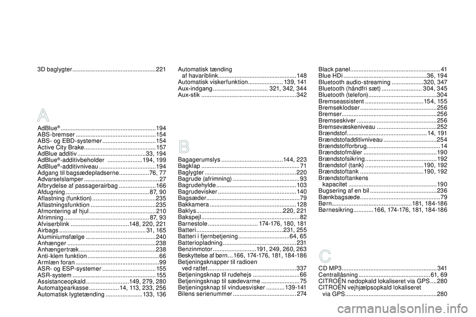CITROEN DS3 CABRIO 2015 InstruktionsbØger (in Danish) DS3_da_Chap14_index-recherche_ed01-2014
3D baglygter .................................................. 221
ba
gagerumslys
.....................................14 4, 2 23
bagk
lap
.............. CITROEN DS3 CABRIO 2015 InstruktionsbØger (in Danish) DS3_da_Chap14_index-recherche_ed01-2014
3D baglygter .................................................. 221
ba
gagerumslys
.....................................14 4, 2 23
bagk
lap
..............