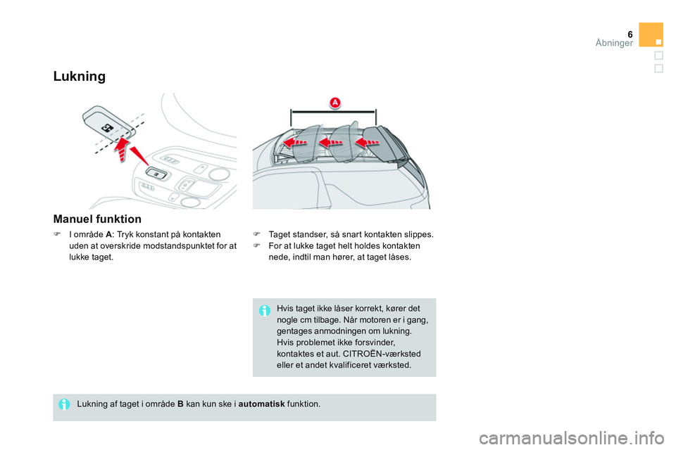 CITROEN DS3 CABRIO 2015  InstruktionsbØger (in Danish) 6Åbninger
   
Lukning 
 
 
Manuel funktion 
 
 
 
�) 
  I område  A 
: Tryk konstant på kontakten 
uden at overskride modstandspunktet for at 
lukke taget. 
   
Lukning af taget i område  B 
 kan 