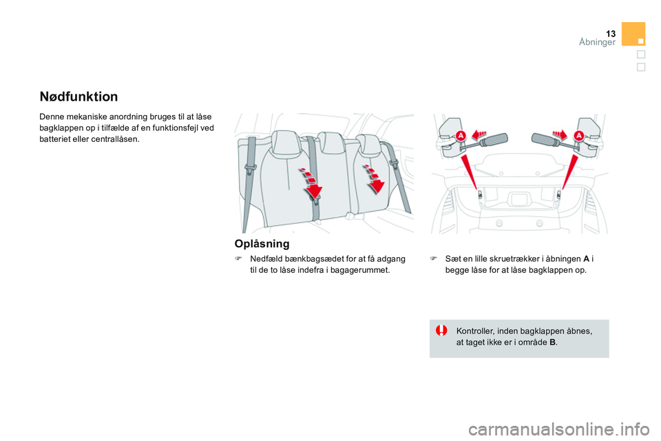 CITROEN DS3 CABRIO 2015  InstruktionsbØger (in Danish) 13Åbninger
  Denne mekaniske anordning bruges til at låse 
bagklappen op i tilfælde af en funktionsfejl ved 
batteriet eller centrallåsen. 
   
Oplåsning 
 
 
 
 
 
 
 
Nødfunktion 
 
 
�) 
  S