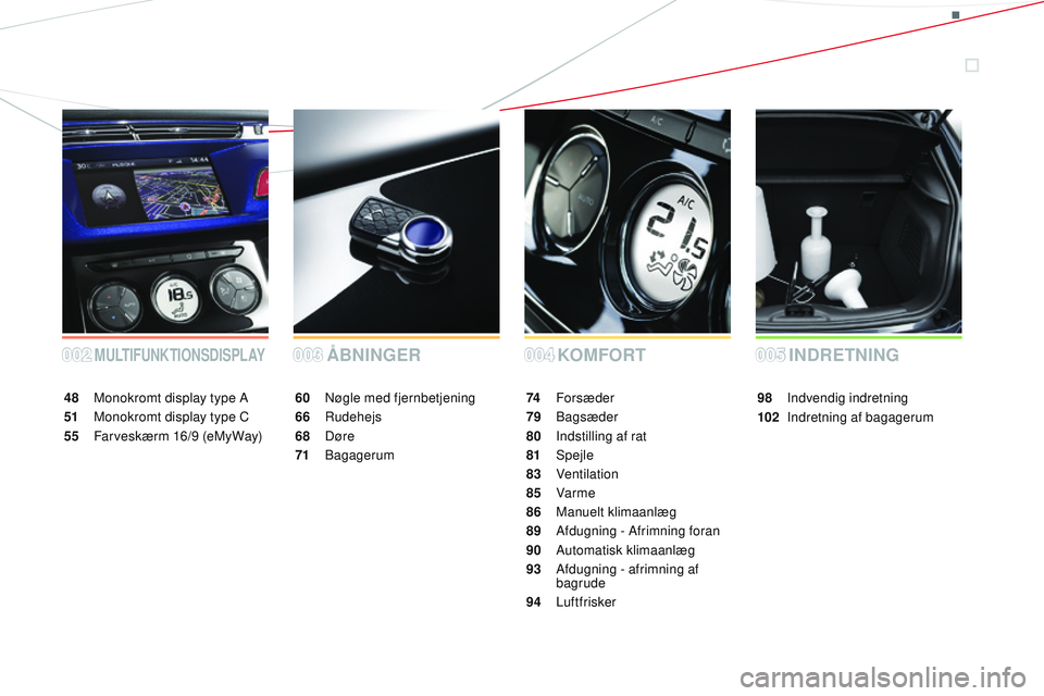 CITROEN DS3 CABRIO 2015  InstruktionsbØger (in Danish) DS3_da_Chap00a_sommaire_ed01-2014
MULTIFUNKTIONSDISPLAYKOMFORT
ÅBNINGER
48 Monokromt display type A
51
 M

onokromt display type C
55
 F

arveskærm 16/9 (eMyWay) 60 
nø gle med fjernbetjening
66
 
