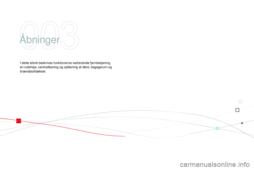 CITROEN DS3 CABRIO 2015 InstruktionsbØger (in Danish) DS3_da_Chap03_ouvertures_ed01-2014
Åbninger
I dette afsnit beskrives funktionerne vedrørende fjernbetjening,
el-rudehejs, centrallåsning og oplåsning af døre, bagagerum og
brændstofdæksel. CITROEN DS3 CABRIO 2015 InstruktionsbØger (in Danish) DS3_da_Chap03_ouvertures_ed01-2014
Åbninger
I dette afsnit beskrives funktionerne vedrørende fjernbetjening,
el-rudehejs, centrallåsning og oplåsning af døre, bagagerum og
brændstofdæksel.