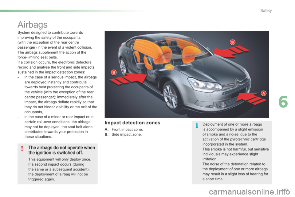 Citroen C5 RHD 2015 (RD/TD) / 2.G Owners Manual 157
Airbags
System designed to contribute towards 
improving the safety of the occupants  
(with the exception of the rear centre 
passenger) in the event of a violent collision. 
The airbags suppleme
