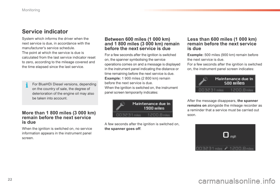 Citroen C5 RHD 2015 (RD/TD) / 2.G Owners Manual 22
More than 1 800 miles (3 000 km) 
remain before the next service  
is due
When the ignition is switched on, no service 
information appears in the instrument panel 
screen.
Between 600 miles (1 000
