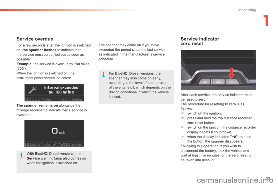 Citroen C5 RHD 2015 (RD/TD) / 2.G Owners Manual 23
Service indicator  
zero resetService overdue
For a few seconds after the ignition is switched 
on, the spanner flashes to indicate that 
the service must be carried out as soon as 
possible.
Examp