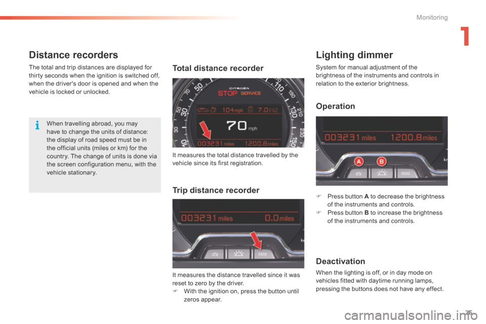 Citroen C5 RHD 2015 (RD/TD) / 2.G Owners Guide 25
Distance recordersLighting dimmer
F Press button A to decrease the brightness 
of the instruments and controls.
F  Press button B to increase the brightness 
of the instruments and controls.
Deacti