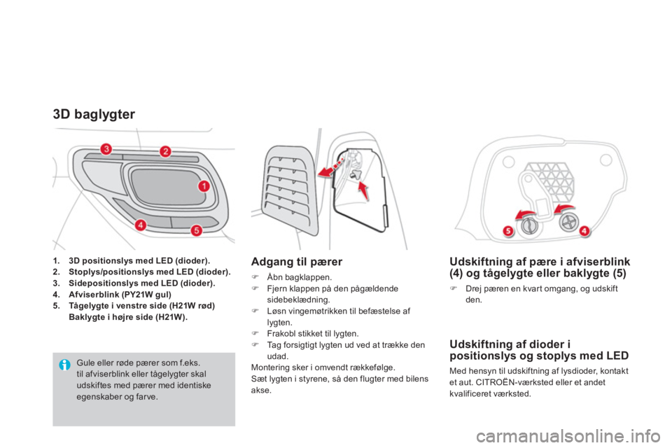 CITROEN DS3 CABRIO 2014  InstruktionsbØger (in Danish)    
Udskiftning af pære i afviserblink (4) og tågelygte eller baklygte (5)
�)Drej pæren en kvar t omgang, og udskiftden.
 
 
Udskiftning af dioder ipositionslys og stoplys med LED 
 
Med hensyn til