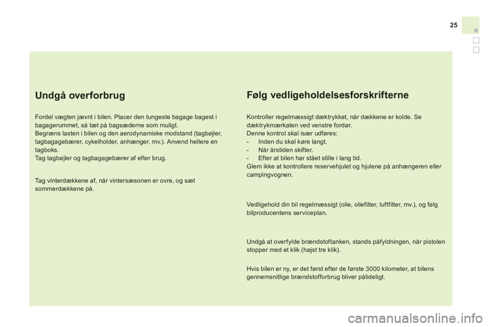 CITROEN DS3 CABRIO 2014  InstruktionsbØger (in Danish) 25
   
Undgå overforbrug 
 
 
Fordel vægten jævnt i bilen. Placer den tungeste bagage bagest ibagagerummet, så tæt på bagsæderne som muligt. 
Begræns lasten i bilen og den aerodynamiske modsta