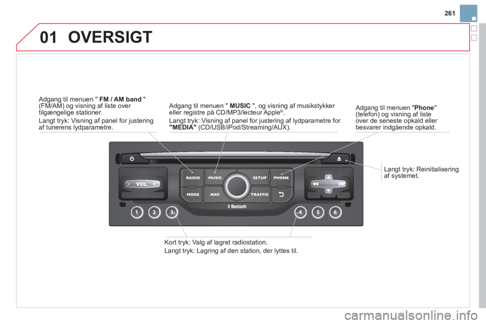 CITROEN DS3 CABRIO 2014 InstruktionsbØger (in Danish) 261
01
Langt tryk: Reinitialisering
af systemet.
Adgang til menuen " Phone"(telefon) og visning af liste over de seneste opkald eller
besvarer indgående opkald.
OVERSIGT
Kort tryk: CITROEN DS3 CABRIO 2014 InstruktionsbØger (in Danish) 261
01
Langt tryk: Reinitialisering
af systemet.
Adgang til menuen " Phone"(telefon) og visning af liste over de seneste opkald eller
besvarer indgående opkald.
OVERSIGT
Kort tryk:
