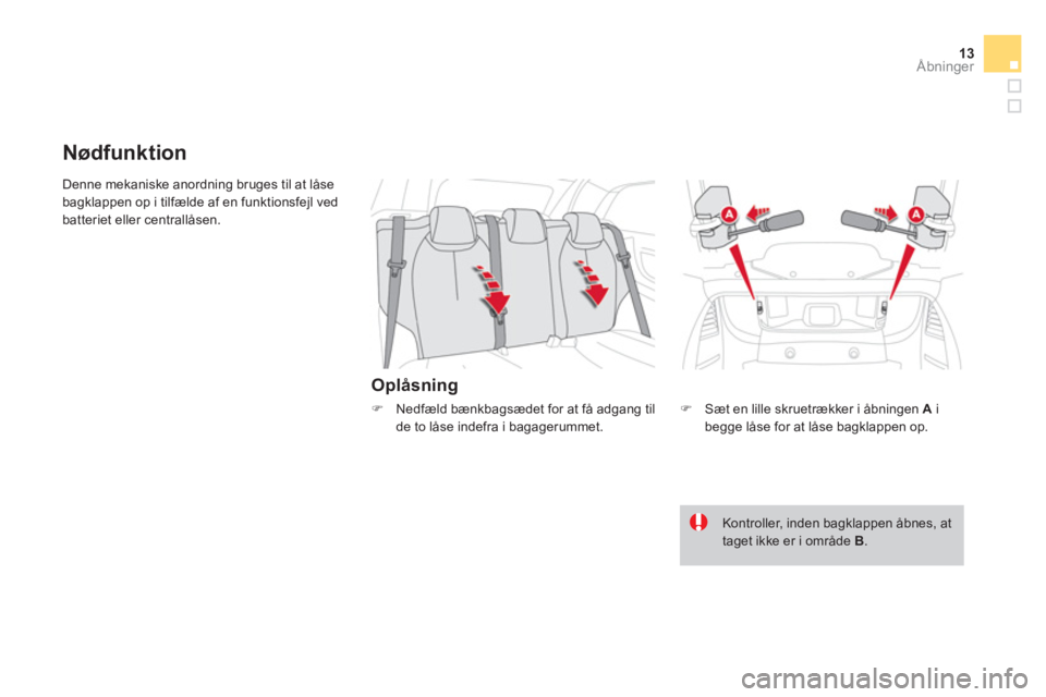 CITROEN DS3 CABRIO 2014  InstruktionsbØger (in Danish) 13Åbninger
  Denne mekaniske anordning bruges til at låse
bagklappen op i tilfælde af en funktionsfejl vedbatteriet eller centrallåsen.
Oplåsning 
Nødfunktion 
�)    Sæt en lille skruetrækker 