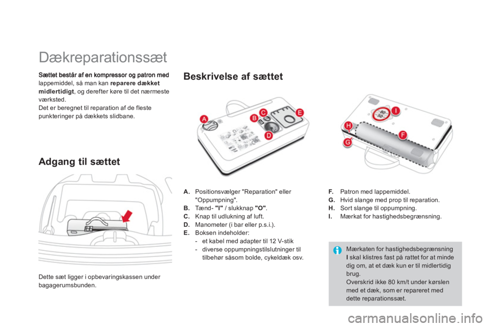 CITROEN DS3 CABRIO 2013 InstruktionsbØger (in Danish)
Dækreparationssæt
lappemiddel, så man kan reparere dækketmidlertidigt, og derefter køre til det nærmeste
værksted.
Det er beregnet til reparation af de fl CITROEN DS3 CABRIO 2013 InstruktionsbØger (in Danish)
Dækreparationssæt
lappemiddel, så man kan reparere dækketmidlertidigt, og derefter køre til det nærmeste
værksted.
Det er beregnet til reparation af de fl