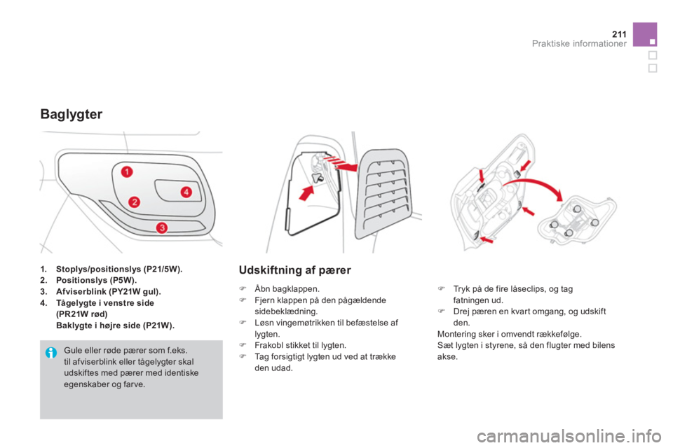 CITROEN DS3 CABRIO 2013  InstruktionsbØger (in Danish) 211Praktiske informationer
   
 
1.   Stoplys/positionslys (P21/5W).  
   
2.   Positionslys (P5W).
   
3.   Afviserblink (PY21W gul)  .
 
 
4.   Tågelygte i venstre side(PR21W rød) 
 
    Baklygte 