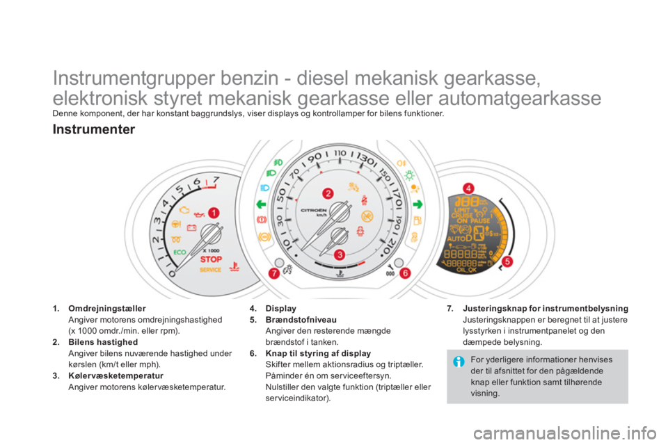 CITROEN DS3 CABRIO 2013  InstruktionsbØger (in Danish)    
 
 
 
 
 
 
 
 
 
 
 
 
 
 
 
 
Instrumentgrupper benzin - diesel mekanisk gearkasse, 
elektronisk styret mekanisk gearkasse eller automatgearkasse 
Denne komponent, der har konstant baggrundslys,