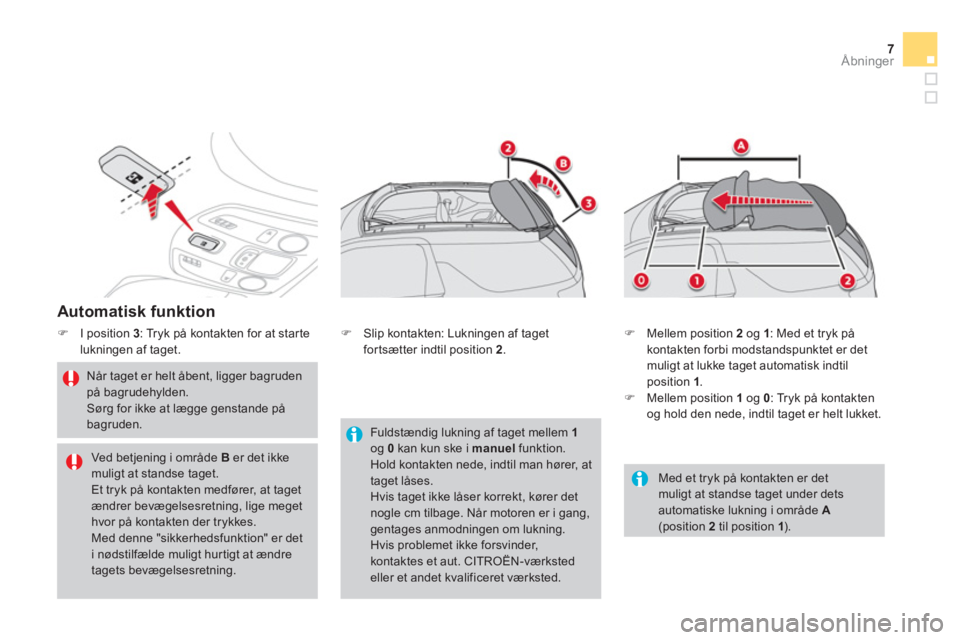 CITROEN DS3 CABRIO 2013  InstruktionsbØger (in Danish) 7Åbninger
   
Automatisk funktion
�)I position  3 
: Tryk på kontakten for at starte 
lukningen af taget.
   
Når taget er helt åbent, ligger bagrudenpå bagrudehylden. 
Sørg for ikke at lægge g