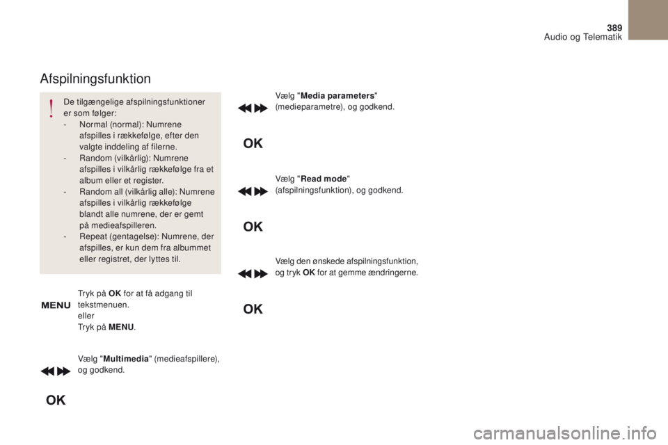 CITROEN DS4 2017 InstruktionsbØger (in Danish) 389
DS4_da _Chap10c _ RD5 _ed01-2016
Vælg "Multimedia " (medieafspillere),
og godkend. Vælg "
Media parameters "
(medieparametre), og godkend.
Vælg " Read mode "
(afspiln CITROEN DS4 2017 InstruktionsbØger (in Danish) 389
DS4_da _Chap10c _ RD5 _ed01-2016
Vælg "Multimedia " (medieafspillere),
og godkend. Vælg "
Media parameters "
(medieparametre), og godkend.
Vælg " Read mode "
(afspiln