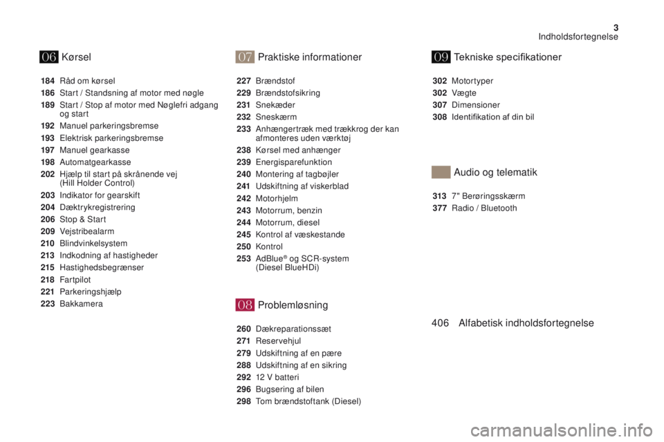 CITROEN DS4 2017  InstruktionsbØger (in Danish) 07
08
0609
3
DS4_da_Chap00a_sommaire_ed01-2016
Problemløsning
184 Råd om kørsel
186
 S
tart / Standsning af motor med nøgle
189
 S

tart / Stop af motor med Nøglefri adgang 
og start
192
 M

anue