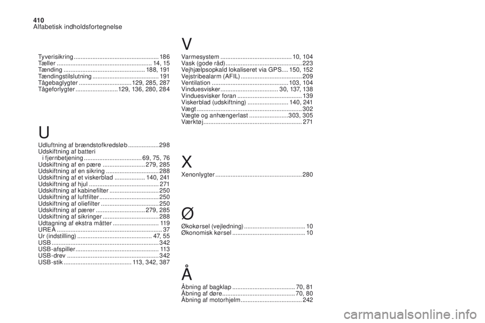 CITROEN DS4 2017 InstruktionsbØger (in Danish) 410
Alfabetisk indholdsfortegnelse
DS4_da_Chap11_index-alpha_ed01-2016
Var mesystem .......................................... 10, 104
Vask (gode råd) ............................................. CITROEN DS4 2017 InstruktionsbØger (in Danish) 410
Alfabetisk indholdsfortegnelse
DS4_da_Chap11_index-alpha_ed01-2016
Var mesystem .......................................... 10, 104
Vask (gode råd) .............................................