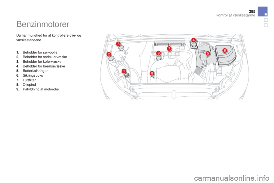 CITROEN DS4 2016  InstruktionsbØger (in Danish) 285
DS4_da_Chap10_verifications_ed03-2015
Benzinmotorer
Du har mulighed for at kontrollere olie- og 
væskestandene.
1.
 B
eholder for servoolie
2.
 B

eholder for sprinklervæske
3.
 B

eholder for k