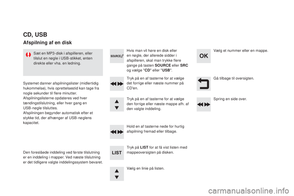 CITROEN DS4 2016  InstruktionsbØger (in Danish) DS4_da_Chap12d_RD5_ed03-2015
Gå tilbage til oversigten.
Vælg en linie på listen. Tryk på en af tasterne for at vælge 
det forrige eller næste nummer på 
CD'en.
Hold en af tasterne nede for 