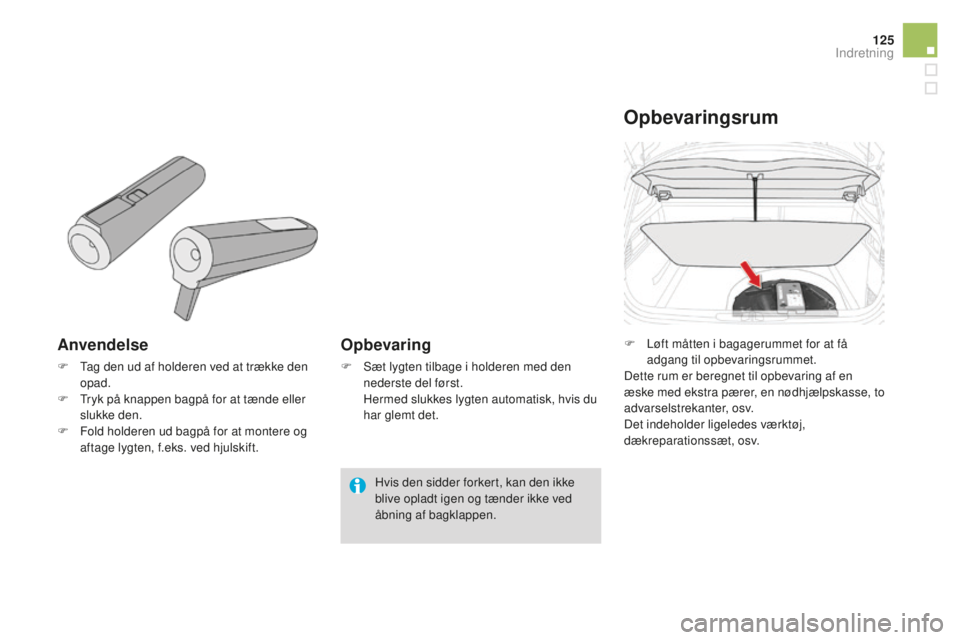 CITROEN DS4 2015  InstruktionsbØger (in Danish) 125
DS4_da_Chap04_amenagement_ed02-2015
Anvendelse
F Tag den ud af holderen ved at trække den opad.
F
 
T
 ryk på knappen bagpå for at tænde eller 
slukke den.
F
 
F
 old holderen ud bagpå for at
