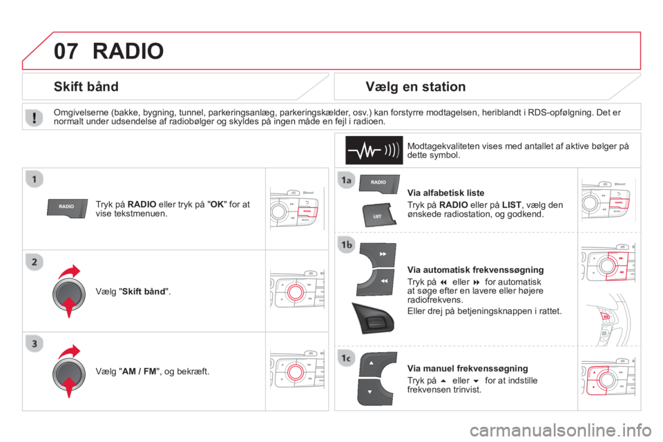 CITROEN DS4 2014  InstruktionsbØger (in Danish) 07  RADIO 
 
 
Via alfabetisk liste 
  Tryk på  RADIO 
 eller på  LIST 
, vælg den 
ønskede radiostation, og godkend.  
   
Via automatisk frekvenssøgning 
  Tryk på  �   
eller  �   
for auto