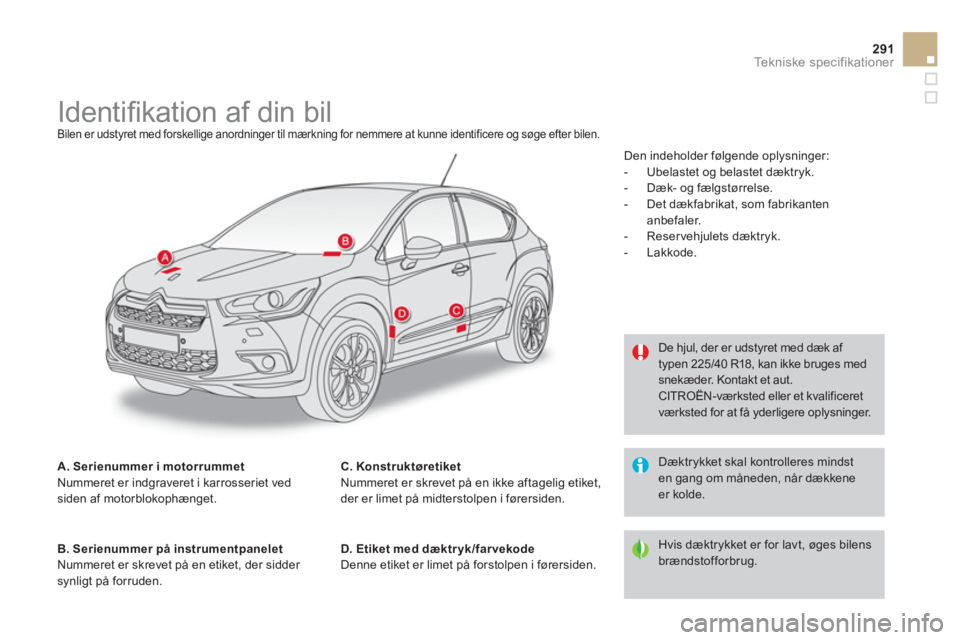 CITROEN DS4 2013 InstruktionsbØger (in Danish) 291Te k n i s k e s p e c i f i k a t i o n e r
Identifi kation af din bil
Bilen er udstyret med forskellige anordninger til mærkning for nemmere at kunne iden CITROEN DS4 2013 InstruktionsbØger (in Danish) 291Te k n i s k e s p e c i f i k a t i o n e r
Identifi kation af din bil
Bilen er udstyret med forskellige anordninger til mærkning for nemmere at kunne iden