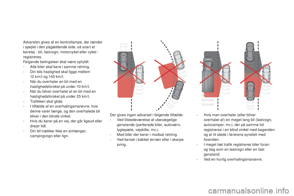 CITROEN DS5 2016  InstruktionsbØger (in Danish) DS5_da_Chap04_conduite_ed02-2015
Advarslen gives af en kontrollampe, der tænder 
i spejlet i den pågældende side, så snart et 
køretøj - bil, lastvogn, motorcykel eller cykel - 
registreres.
Fø
