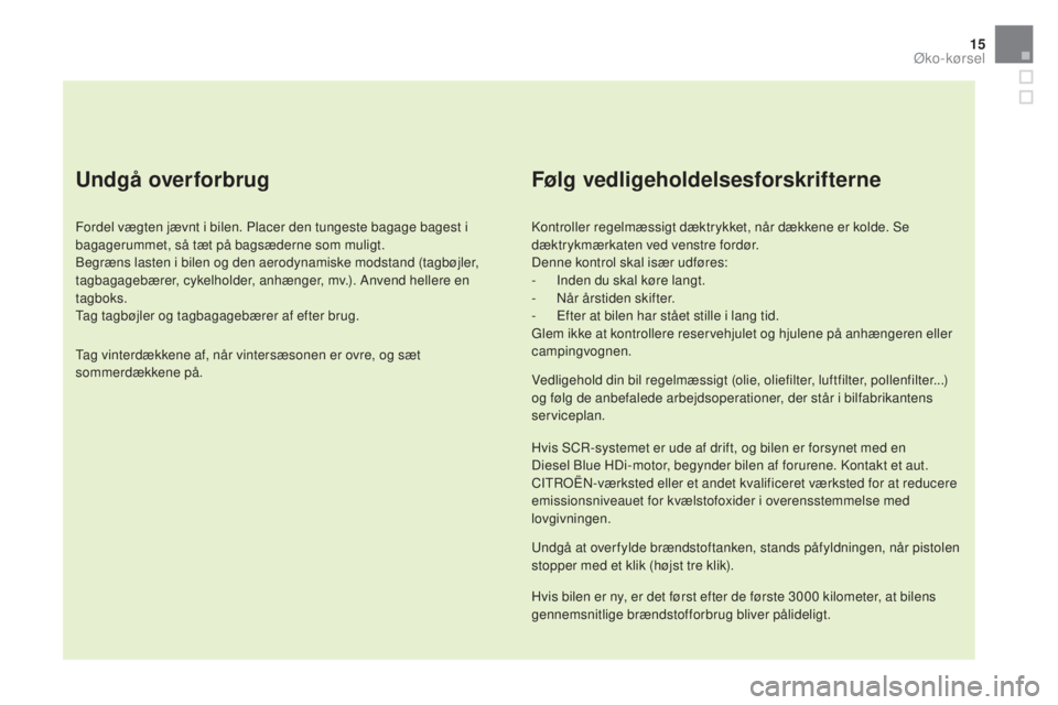 CITROEN DS5 2016 InstruktionsbØger (in Danish) 15
DS5_da_Chap00c_eco-conduite_ed02-2015
Undgå overforbrug
Fordel vægten jævnt i bilen. Placer den tungeste bagage bagest i
bagagerummet, så tæt på bagsæderne som muligt.
Begræns lasten i bil CITROEN DS5 2016 InstruktionsbØger (in Danish) 15
DS5_da_Chap00c_eco-conduite_ed02-2015
Undgå overforbrug
Fordel vægten jævnt i bilen. Placer den tungeste bagage bagest i
bagagerummet, så tæt på bagsæderne som muligt.
Begræns lasten i bil