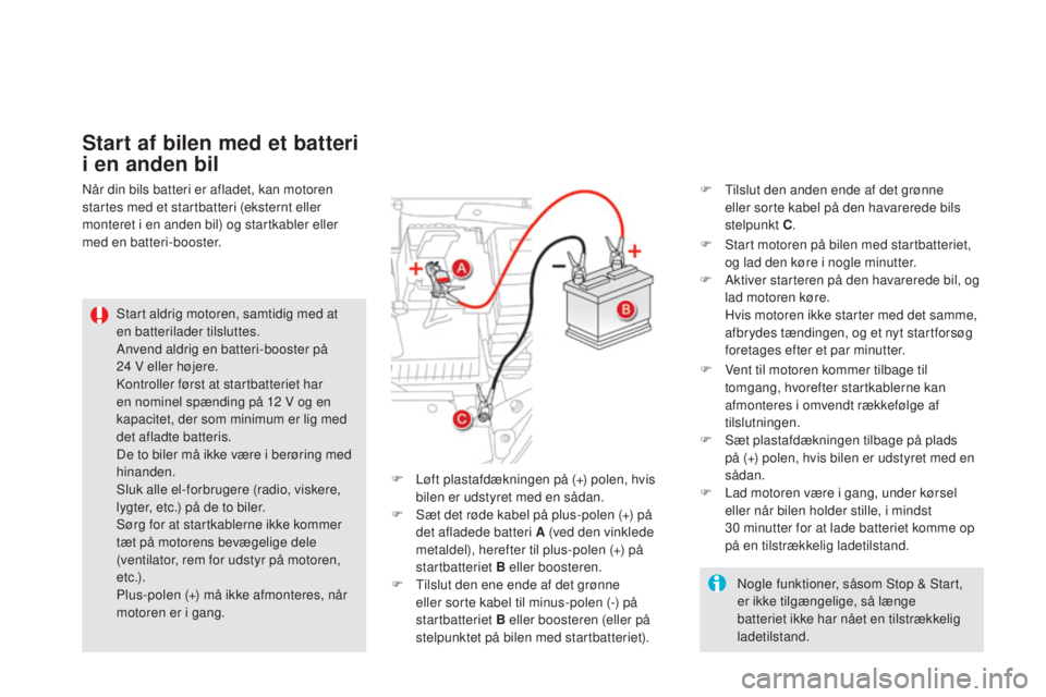 CITROEN DS5 2016 InstruktionsbØger (in Danish) DS5_da_Chap08_info-pratiques_ed02-2015
Start af bilen med et batteri
i en anden bil
Start aldrig motoren, samtidig med at
en batterilader tilsluttes.
Anvend aldrig en batteri-booster på
24
V e
ll CITROEN DS5 2016 InstruktionsbØger (in Danish) DS5_da_Chap08_info-pratiques_ed02-2015
Start af bilen med et batteri
i en anden bil
Start aldrig motoren, samtidig med at
en batterilader tilsluttes.
Anvend aldrig en batteri-booster på
24
V e
ll