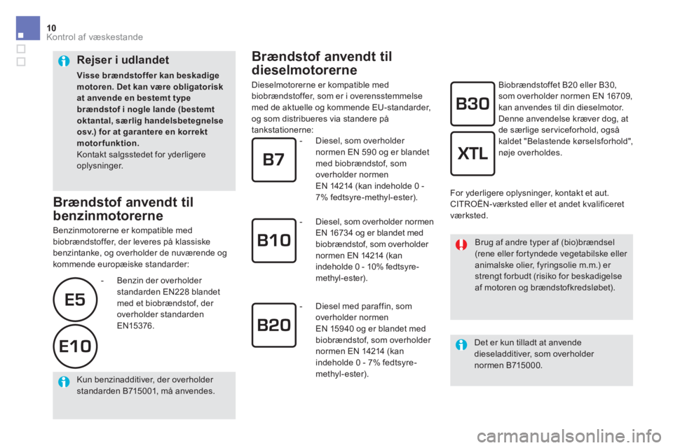 CITROEN DS5 2016 InstruktionsbØger (in Danish) 10Kontrol af væskestande
Brændstof anvendt til
dieselmotorerne
Dieselmotorerne er kompatible med
biobrændstoffer, som er i overensstemmelse
med de aktuelle og kommende E CITROEN DS5 2016 InstruktionsbØger (in Danish) 10Kontrol af væskestande
Brændstof anvendt til
dieselmotorerne
Dieselmotorerne er kompatible med
biobrændstoffer, som er i overensstemmelse
med de aktuelle og kommende E
