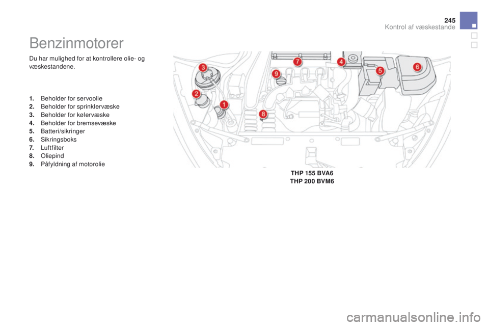 CITROEN DS5 2015 InstruktionsbØger (in Danish) 245
DS5_da_Chap09_verifications_ed01-2015
Du har mulighed for at kontrollere olie- og
væskestandene.
Benzinmotorer
1. Beholder for servoolie
2. Beholder for sprinklervæske
3.
B
eholder for køler CITROEN DS5 2015 InstruktionsbØger (in Danish) 245
DS5_da_Chap09_verifications_ed01-2015
Du har mulighed for at kontrollere olie- og
væskestandene.
Benzinmotorer
1. Beholder for servoolie
2. Beholder for sprinklervæske
3.
B
eholder for køler