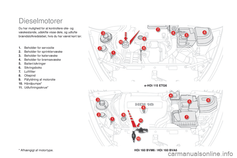 CITROEN DS5 2015 InstruktionsbØger (in Danish) DS5_da_Chap09_verifications_ed01-2015
Du har mulighed for at kontrollere olie- og
væskestande, udskifte visse dele, og udlufte
brændstofkredsløbet, hvis du har været kørt tør.
* Afhængigt af CITROEN DS5 2015 InstruktionsbØger (in Danish) DS5_da_Chap09_verifications_ed01-2015
Du har mulighed for at kontrollere olie- og
væskestande, udskifte visse dele, og udlufte
brændstofkredsløbet, hvis du har været kørt tør.
* Afhængigt af