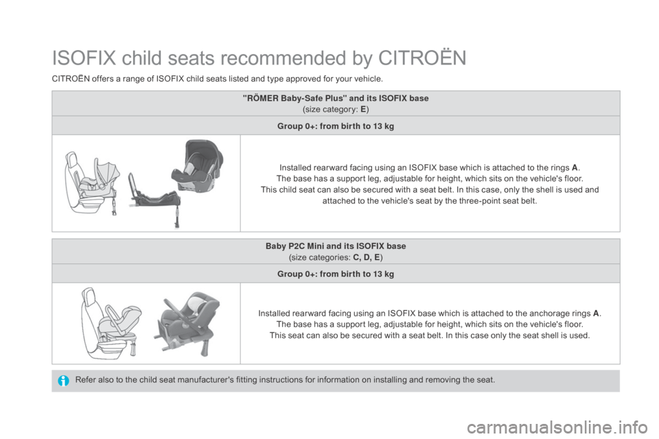 Citroen DS4 RHD 2015.5 1.G Owners Manual ISOFIX child seats recommended by CITROËN
Refer also to the child seat manufacturers fitting instructions for information on installing and removing the seat.
CITROËN offers a range of ISOFIX child