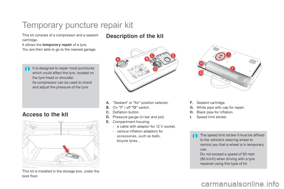 Citroen DS4 RHD 2015.5 1.G Owners Manual Temporary puncture repair kit
This kit consists of a compressor and a sealant 
cartridge.
It allows the temporary repair of a tyre.
You are then able to go to the nearest garage.
Access to the kit
The