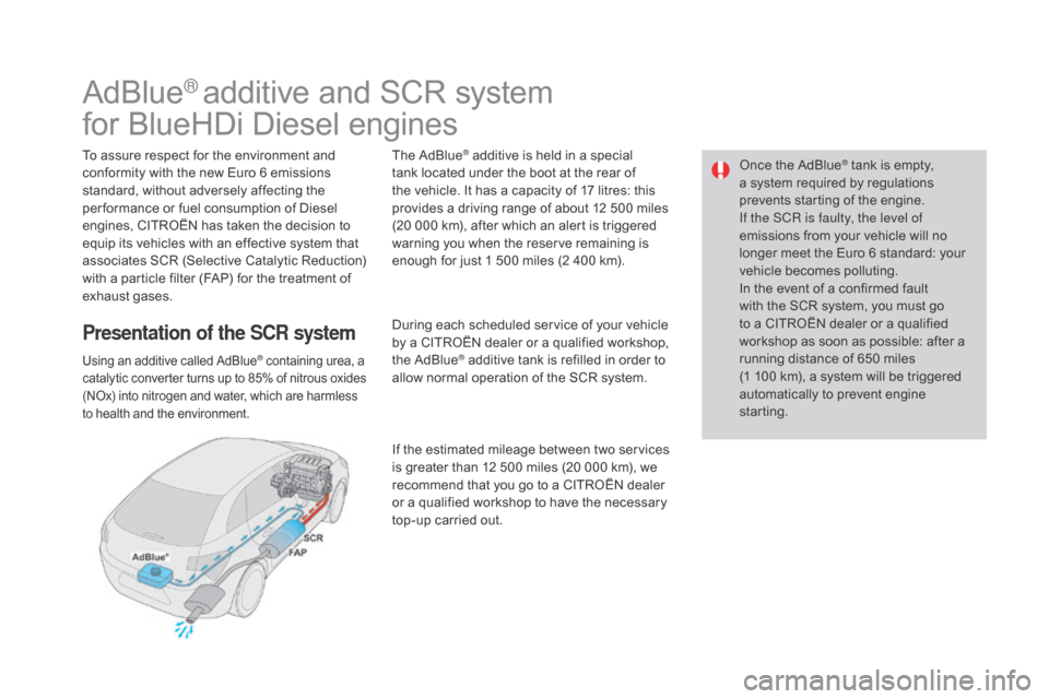 Citroen DS4 RHD 2015.5 1.G Owners Manual Once the AdBlue® tank is empty, 
a s
ystem required by regulations 
prevents starting of the engine.
If the SCR is faulty, the level of 
emissions from your vehicle will no 
longer meet the Euro 6 st