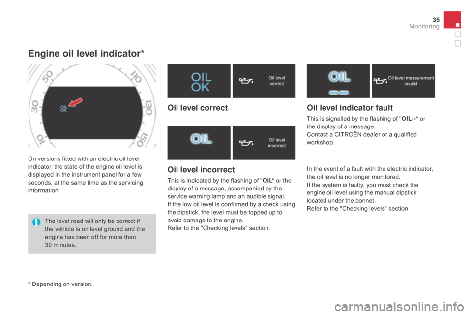 Citroen DS4 RHD 2015.5 1.G Owners Manual 35
On versions fitted with an electric oil level 
indicator, the state of the engine oil level is 
displayed in the instrument panel for a few 
seconds, at the same time as the servicing 
information.