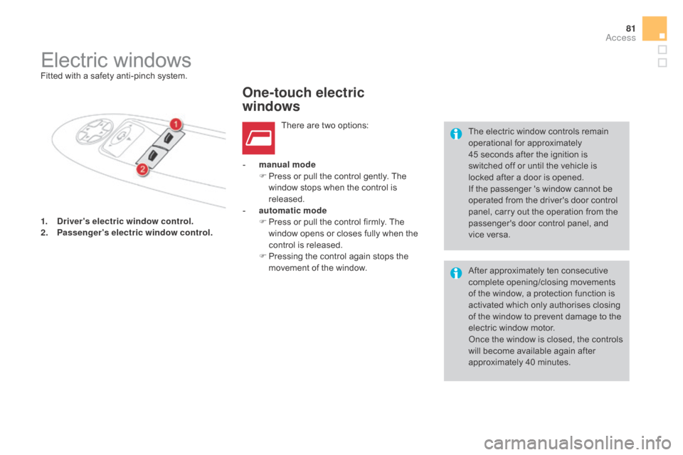 Citroen DS4 RHD 2015.5 1.G Owners Manual 81
1. drivers electric window control.
2. P
assengers electric window control. -
 
m
 anual mode
F  
P
 ress or pull the control gently. The 
window stops when the control is 
released.
-  a utomati