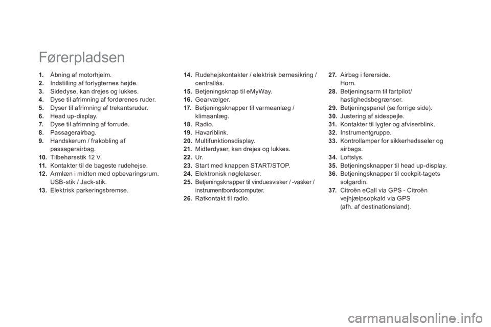 CITROEN DS5 2013 InstruktionsbØger (in Danish) 14 . Rudehejskontakter / elektrisk børnesikring / centrallås.
15. Betjeningsknap til eMyWay.
16.Gearvælger.
17. Betjeningsknapper til varmeanlæg /
klimaanlæg.
18. Radio.
19.Havariblink. CITROEN DS5 2013 InstruktionsbØger (in Danish) 14 . Rudehejskontakter / elektrisk børnesikring / centrallås.
15. Betjeningsknap til eMyWay.
16.Gearvælger.
17. Betjeningsknapper til varmeanlæg /
klimaanlæg.
18. Radio.
19.Havariblink.