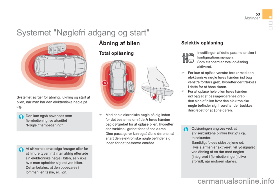 CITROEN DS5 2013 InstruktionsbØger (in Danish) 53Åbninger
Åbning af bilen
Systemet "Nøglefri adgang og start"
Systemet sørger for åbning, lukning og star t af
bilen, når man har den elek CITROEN DS5 2013 InstruktionsbØger (in Danish) 53Åbninger
Åbning af bilen
Systemet "Nøglefri adgang og start"
Systemet sørger for åbning, lukning og star t af
bilen, når man har den elek