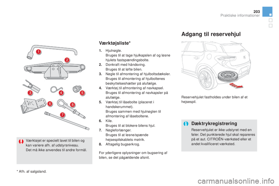 CITROEN DS5 HYBRID 2016 InstruktionsbØger (in Danish) 203
DS5_da_Chap08_info-pratiques_ed02-2015
Værktøjsliste*
Adgang til reservehjul
Reservehjulet fastholdes under bilen af et
hejsespil.
Dæktrykregistrering
Reservehjulet er ikke udstyret med en
fà CITROEN DS5 HYBRID 2016 InstruktionsbØger (in Danish) 203
DS5_da_Chap08_info-pratiques_ed02-2015
Værktøjsliste*
Adgang til reservehjul
Reservehjulet fastholdes under bilen af et
hejsespil.
Dæktrykregistrering
Reservehjulet er ikke udstyret med en
fÃ
