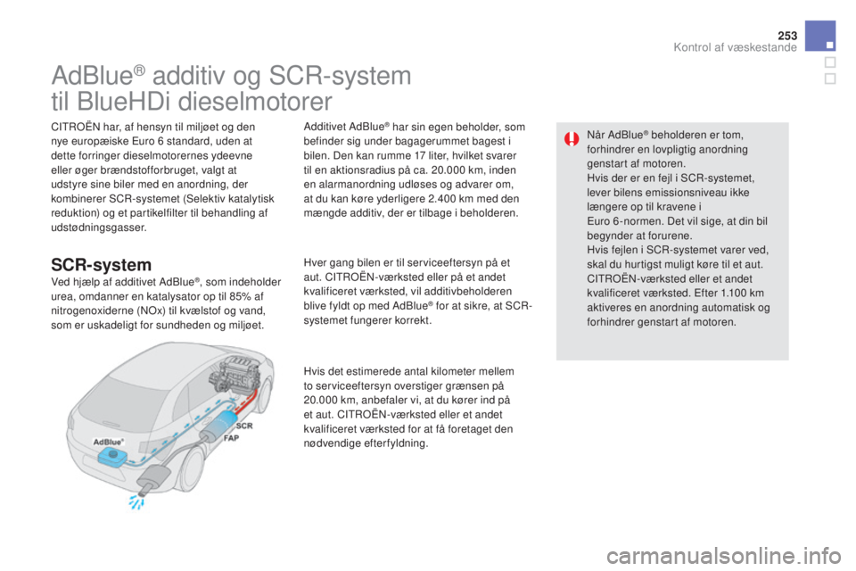 CITROEN DS5 HYBRID 2016 InstruktionsbØger (in Danish) 253
DS5_da_Chap09_verifications_ed02-2015
AdBlue® additiv og SCR-system
til BlueHDi dieselmotorer
CITROËN har, af hensyn til miljøet og den
nye europæiske Euro 6 s
tandard, uden at
dette forring CITROEN DS5 HYBRID 2016 InstruktionsbØger (in Danish) 253
DS5_da_Chap09_verifications_ed02-2015
AdBlue® additiv og SCR-system
til BlueHDi dieselmotorer
CITROËN har, af hensyn til miljøet og den
nye europæiske Euro 6 s
tandard, uden at
dette forring