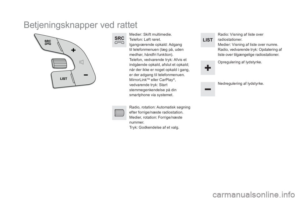 CITROEN DS5 HYBRID 2016 InstruktionsbØger (in Danish) Betjeningsknapper ved rattet
Medier: Skift multimedie.
Telefon: Løft røret.
Igangværende opkald: Adgang
til telefonmenuen (læg på, uden
medhør, håndfri funktion).
Te CITROEN DS5 HYBRID 2016 InstruktionsbØger (in Danish) Betjeningsknapper ved rattet
Medier: Skift multimedie.
Telefon: Løft røret.
Igangværende opkald: Adgang
til telefonmenuen (læg på, uden
medhør, håndfri funktion).
Te