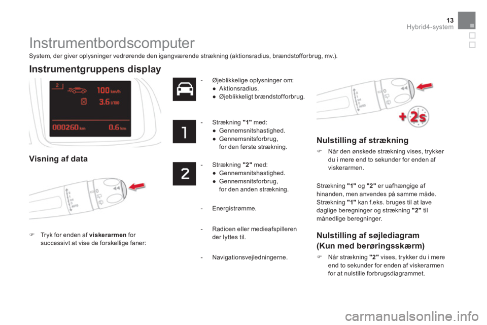 CITROEN DS5 HYBRID 2016 InstruktionsbØger (in Danish) 13Hybrid4-system
Instrumentbordscomputer
System, der giver oplysninger vedrørende den igangværende strækning (aktionsradius, brændstofforbrug, mv.).
Instrumentgrup CITROEN DS5 HYBRID 2016 InstruktionsbØger (in Danish) 13Hybrid4-system
Instrumentbordscomputer
System, der giver oplysninger vedrørende den igangværende strækning (aktionsradius, brændstofforbrug, mv.).
Instrumentgrup