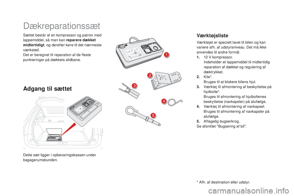 CITROEN DS5 HYBRID 2015 InstruktionsbØger (in Danish) DS5_da_Chap08_info-pratiques_ed01-2015
Dette sæt ligger i opbevaringskassen under
bagagerumsbunden. Sættet består af en kompressor og patron med
lappemiddel, så man kan reparere dækket
midlert CITROEN DS5 HYBRID 2015 InstruktionsbØger (in Danish) DS5_da_Chap08_info-pratiques_ed01-2015
Dette sæt ligger i opbevaringskassen under
bagagerumsbunden. Sættet består af en kompressor og patron med
lappemiddel, så man kan reparere dækket
midlert