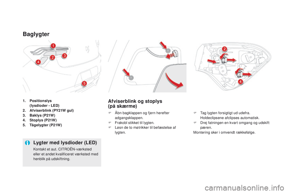 CITROEN DS5 HYBRID 2015 InstruktionsbØger (in Danish) DS5_da_Chap08_info-pratiques_ed01-2015
1. Positionslys
( lysdioder - LeD )
2.
A
fviserblink (PY21W gul)
3.
B
aklys (P21W)
4.
S
toplys (P21W)
5.
T
ågelygter (P21W)
Baglygter
Afviserbli CITROEN DS5 HYBRID 2015 InstruktionsbØger (in Danish) DS5_da_Chap08_info-pratiques_ed01-2015
1. Positionslys
( lysdioder - LeD )
2.
A
fviserblink (PY21W gul)
3.
B
aklys (P21W)
4.
S
toplys (P21W)
5.
T
ågelygter (P21W)
Baglygter
Afviserbli