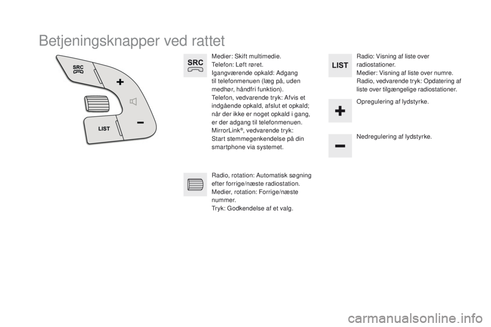 CITROEN DS5 HYBRID 2015  InstruktionsbØger (in Danish) DS5_da_Chap11c_SMEGplus_ed01-2015
Betjeningsknapper ved rattet
Medier: Skift multimedie.
Telefon: Løft røret.
Igangværende opkald: Adgang 
til telefonmenuen (læg på, uden 
medhør, håndfri funkt