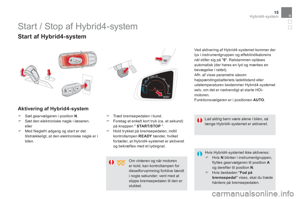CITROEN DS5 HYBRID 2015 InstruktionsbØger (in Danish) 15Hybrid4-system
Start af Hybrid4-system
Aktivering af Hybrid4-system
Ved aktivering af Hybrid4-systemet kommer der
lys i instrumentgruppen og effektindikatorens
nål stiller sig på " CITROEN DS5 HYBRID 2015 InstruktionsbØger (in Danish) 15Hybrid4-system
Start af Hybrid4-system
Aktivering af Hybrid4-system
Ved aktivering af Hybrid4-systemet kommer der
lys i instrumentgruppen og effektindikatorens
nål stiller sig på "