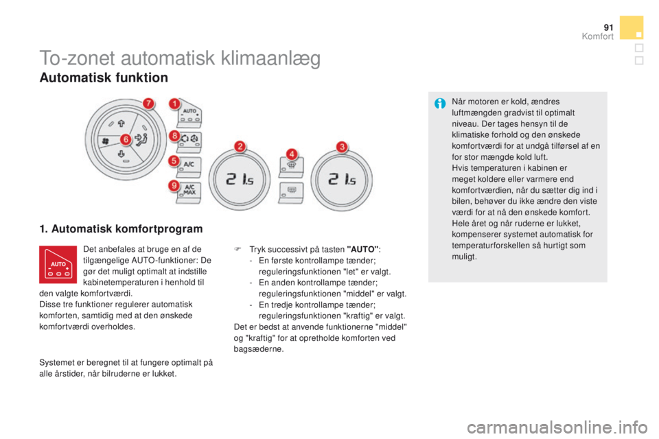 CITROEN DS5 HYBRID 2015 InstruktionsbØger (in Danish) 91
DS5_da_Chap03_confort_ed01-2015
To-zonet automatisk klimaanlæg
1. Automatisk komfortprogram
Det anbefales at bruge en af de
tilgængelige AUTO-funktioner: De
gør det muligt optimalt at indstill CITROEN DS5 HYBRID 2015 InstruktionsbØger (in Danish) 91
DS5_da_Chap03_confort_ed01-2015
To-zonet automatisk klimaanlæg
1. Automatisk komfortprogram
Det anbefales at bruge en af de
tilgængelige AUTO-funktioner: De
gør det muligt optimalt at indstill
